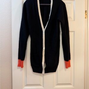 Equipment Black Cardigan with Red Cuffs and White Trim